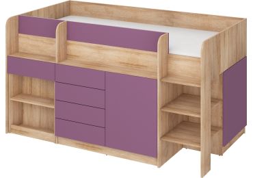 Multifunkční patrová postel ANSBERT, pravá, dub sonoma/fialová, 5 let záruka