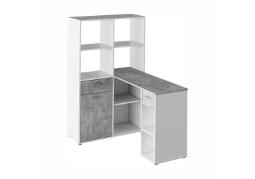Rohový psací stůl ZONE s regálem, bílá/beton