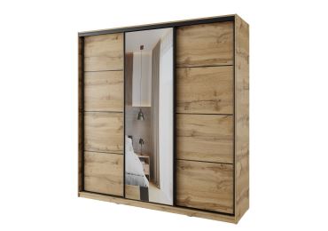 Šatní skříň NEJBY BARNABA 200 cm s posuvnými dveřmi, zrcadlem,4 šuplíky a 2 šatními tyčemi,dub wotan