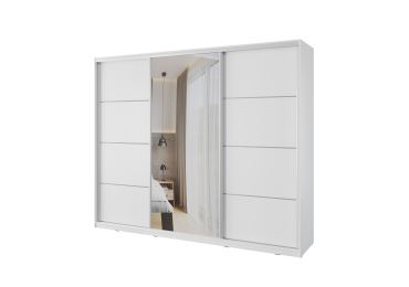 Šatní skříň NEJBY BARNABA 250 cm s posuvnými dveřmi, zrcadlem, 4 šuplíky a 2 šatními tyčemi, bílá